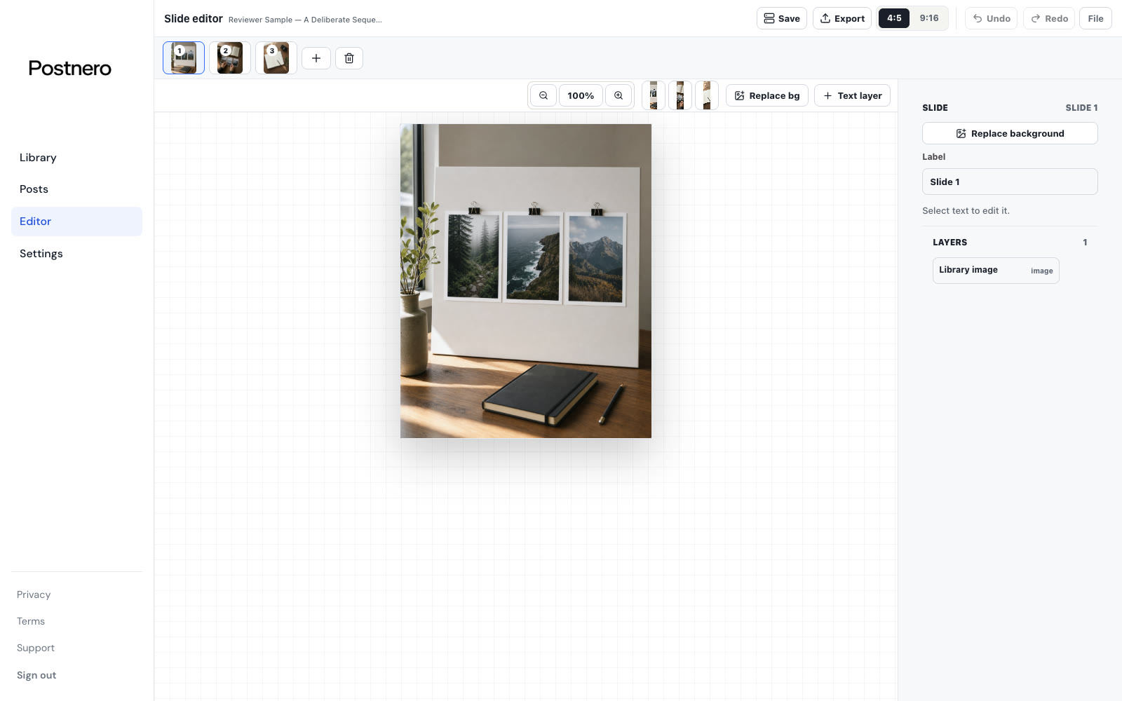 Postnero carousel editor with a rendered slide