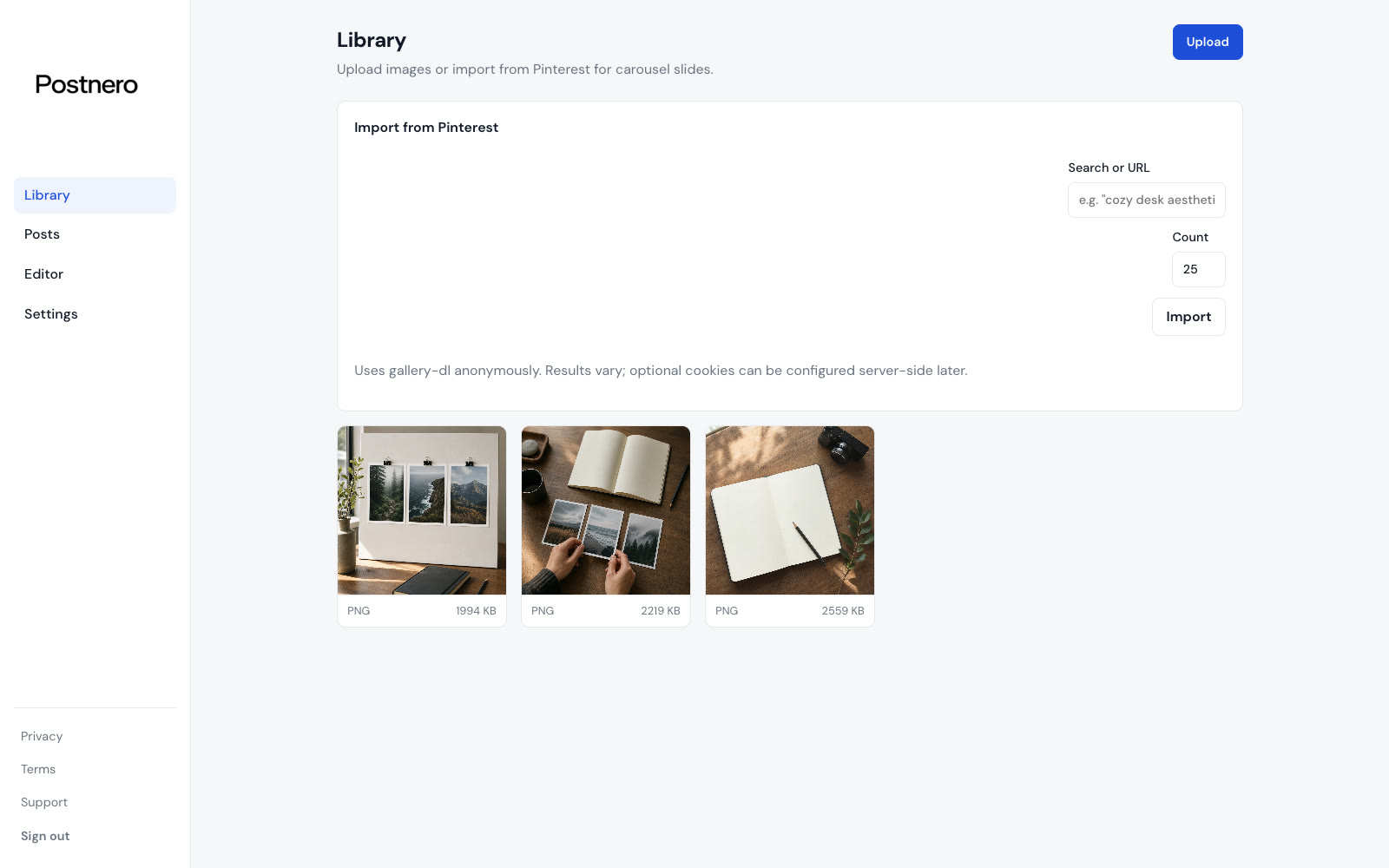 Postnero workspace with reusable source images